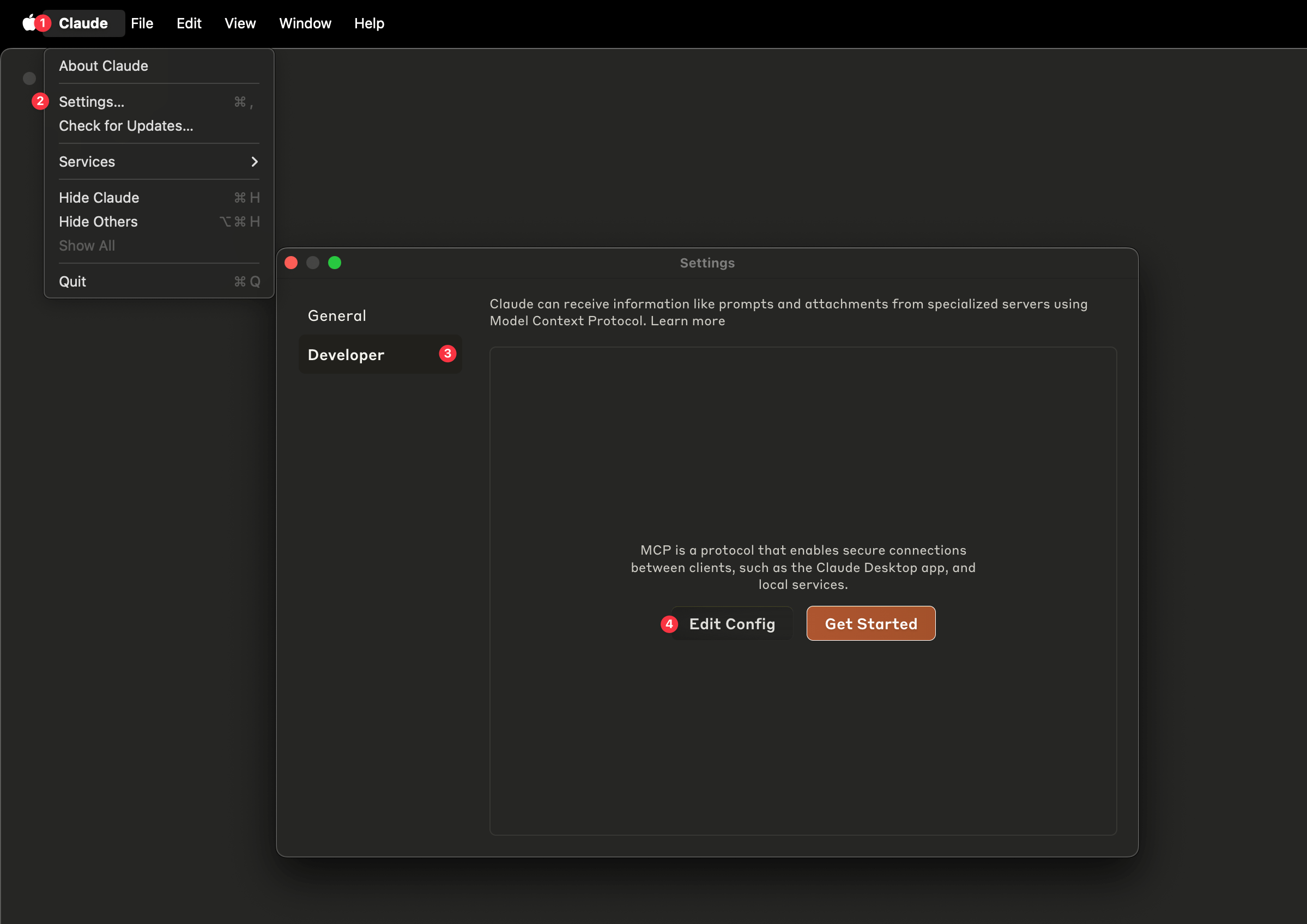 A screenshot shows highlighted areas that direct the user to click on the Claude menu item, then on Settings, then on the Developer tab, and finally on Edit Config.