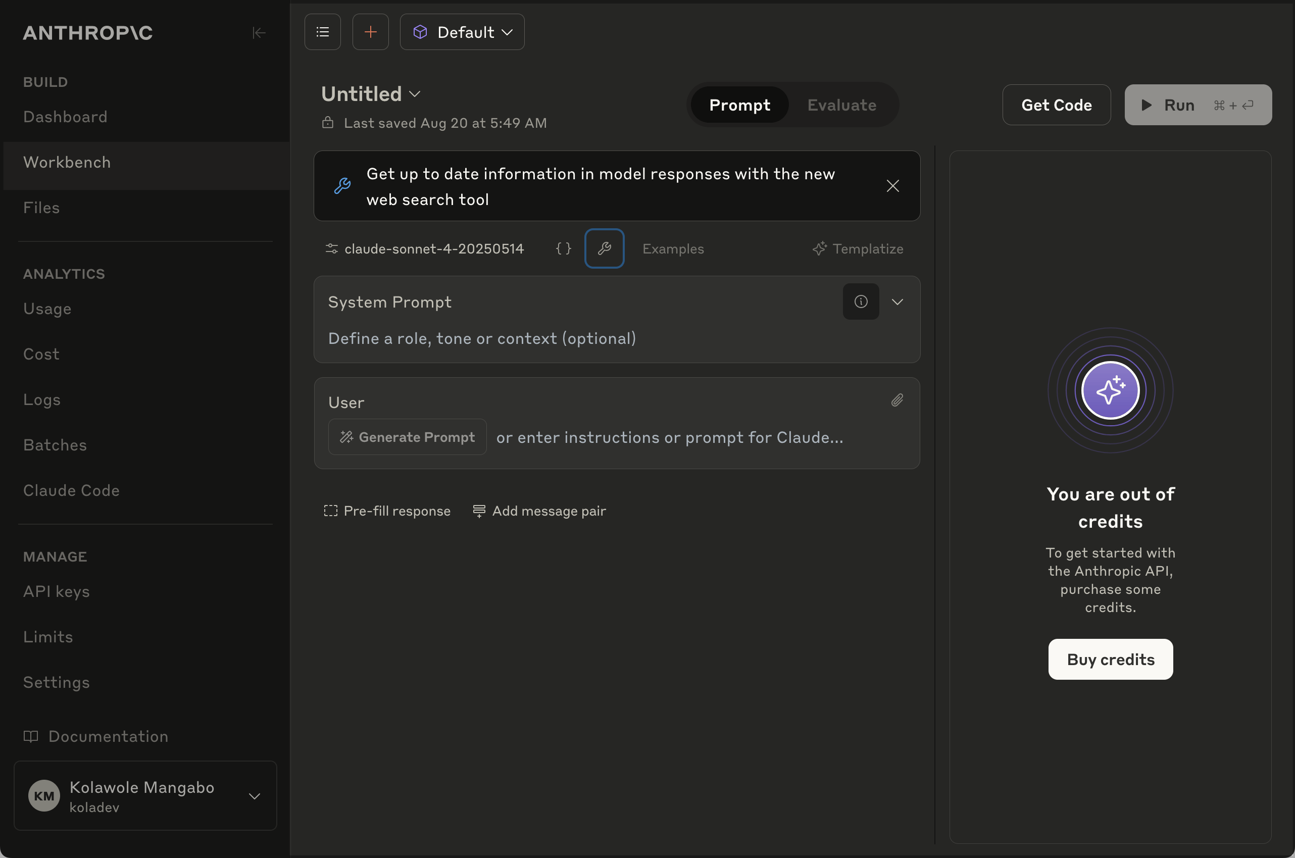 Anthropic workbench interface for prompt optimization and testing